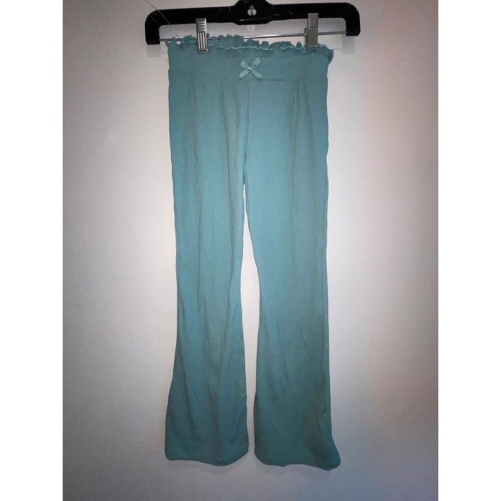 Wonder Nation Girls Aqua Ribbed Knit Flare Pants Size 7 Lettuce Trim Boho